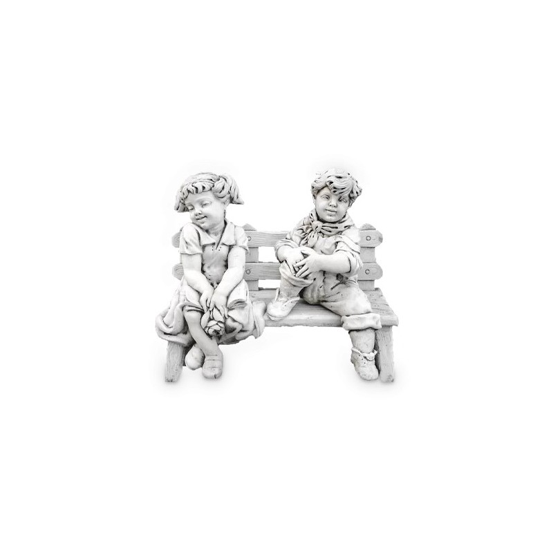 Statue de Jardin en Pierre Enfants sur un Banc