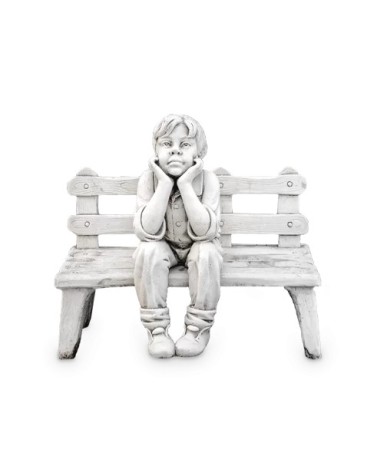 Statue décoration de jardin en pierre petit garçon sur son banc