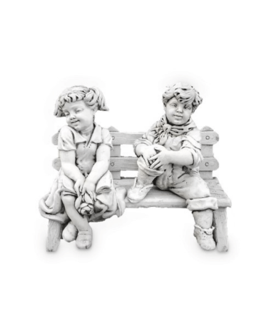 Statue de Jardin en Pierre Enfants sur un Banc H.70 cm