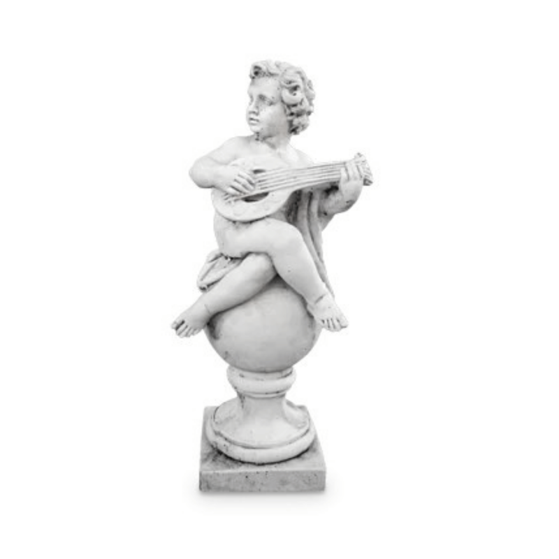 Statue de Jardin en Pierre Chérubin avec Mandoline H.100 cm Statue de Jardin en Pierre Chérubin avec Mandoline H.100 cm