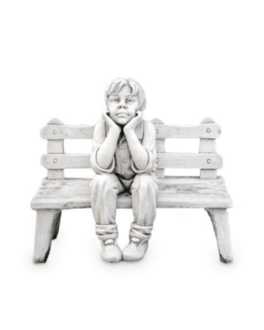 Statue de Jardin en Pierre Garçon sur un Banc H.70 cm