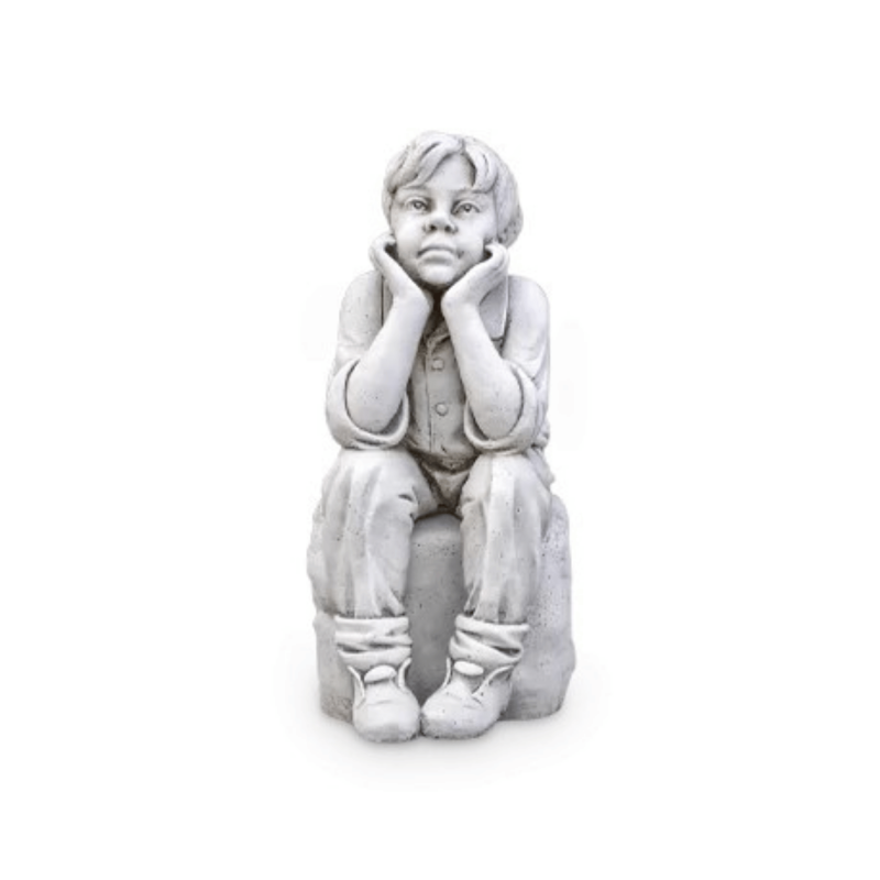 Statue de Jardin en Pierre Garçon sur son Rocher H.70 cm Statue de Jardin en Pierre Garçon sur son Rocher H.70 cm