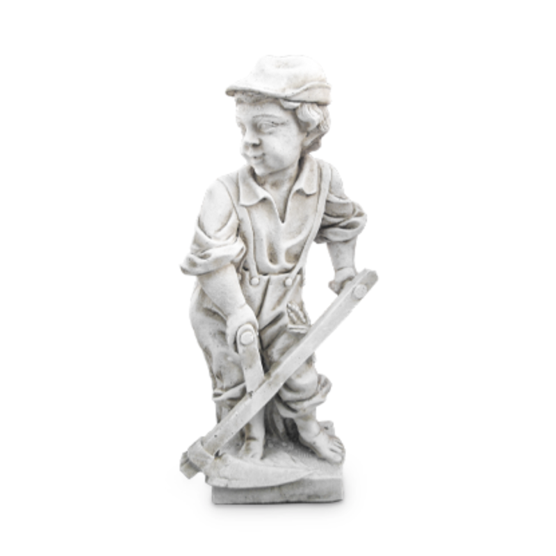 Statue de Jardin en Pierre Garçon avec une Faux H.84 cm Statue de Jardin en Pierre Garçon avec une Faux H.84 cm