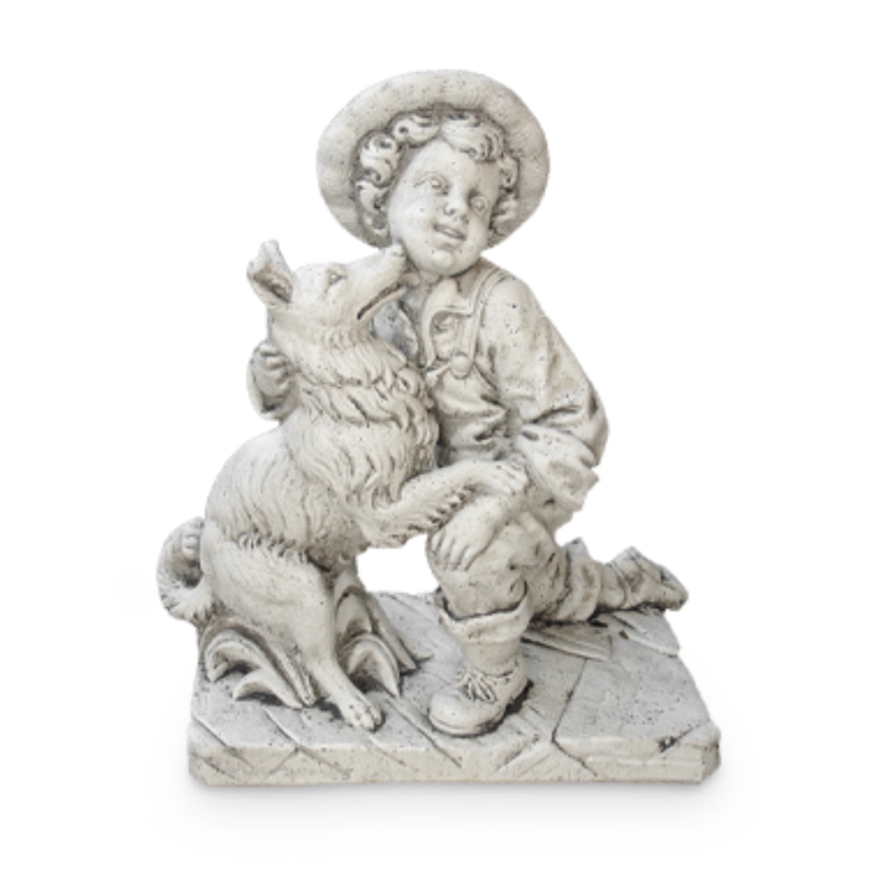 Statue de Jardin en Pierre Garçon avec son Chien H.78 cm