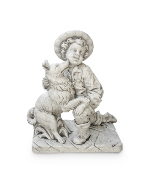 Statue de Jardin en Pierre Garçon avec son Chien